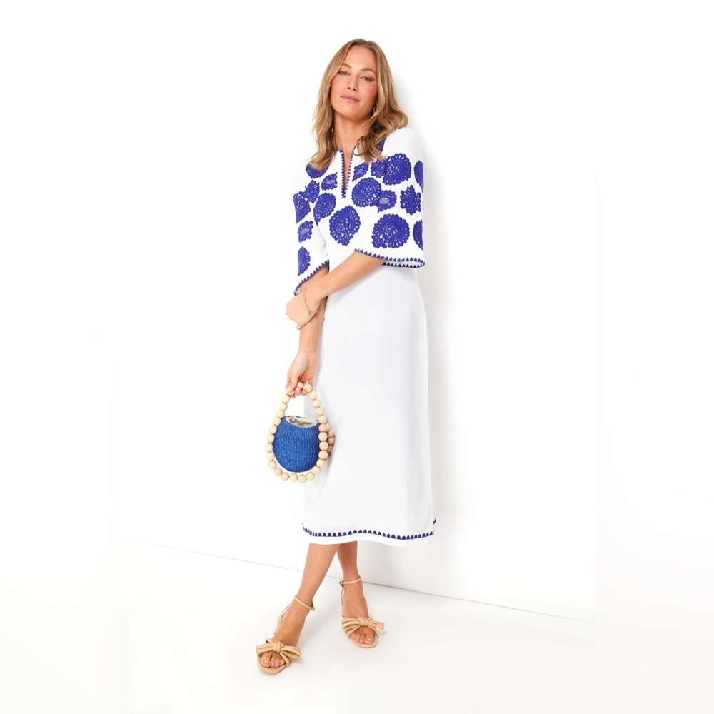 Antik Batik NEW Embroidered Tiki White and Blue Caftan Midi Dress Size XS